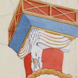 Drawing of stone work in the Keep at Corfe Castle of a Pelican feeding two chicks